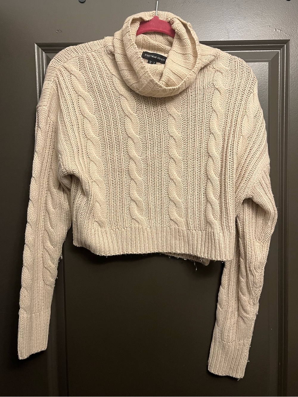 Streetwear Society beige cable knit cropped turtleneck sweater size Small
